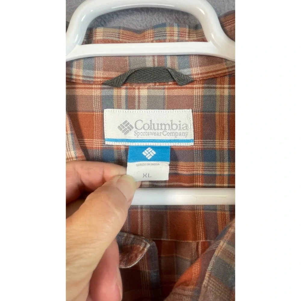 Columbia Button Front Shirt Mens XL Orange Plaid Long Sleeve Cotton Outdoor